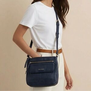 Cole Haan Navy Pebbled Leather Crossbody with Gold Hardware
